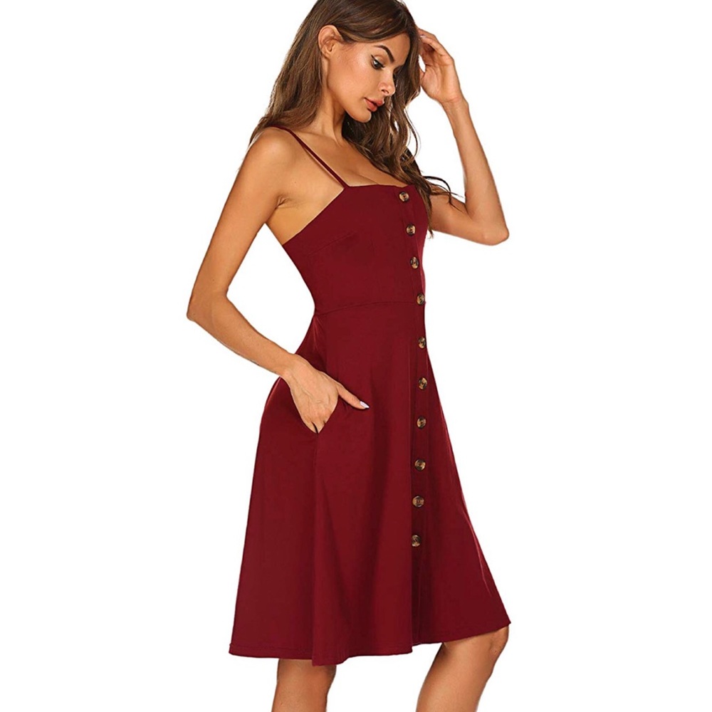 Solid color button down midi dress with pockets - Picture 3 of 6